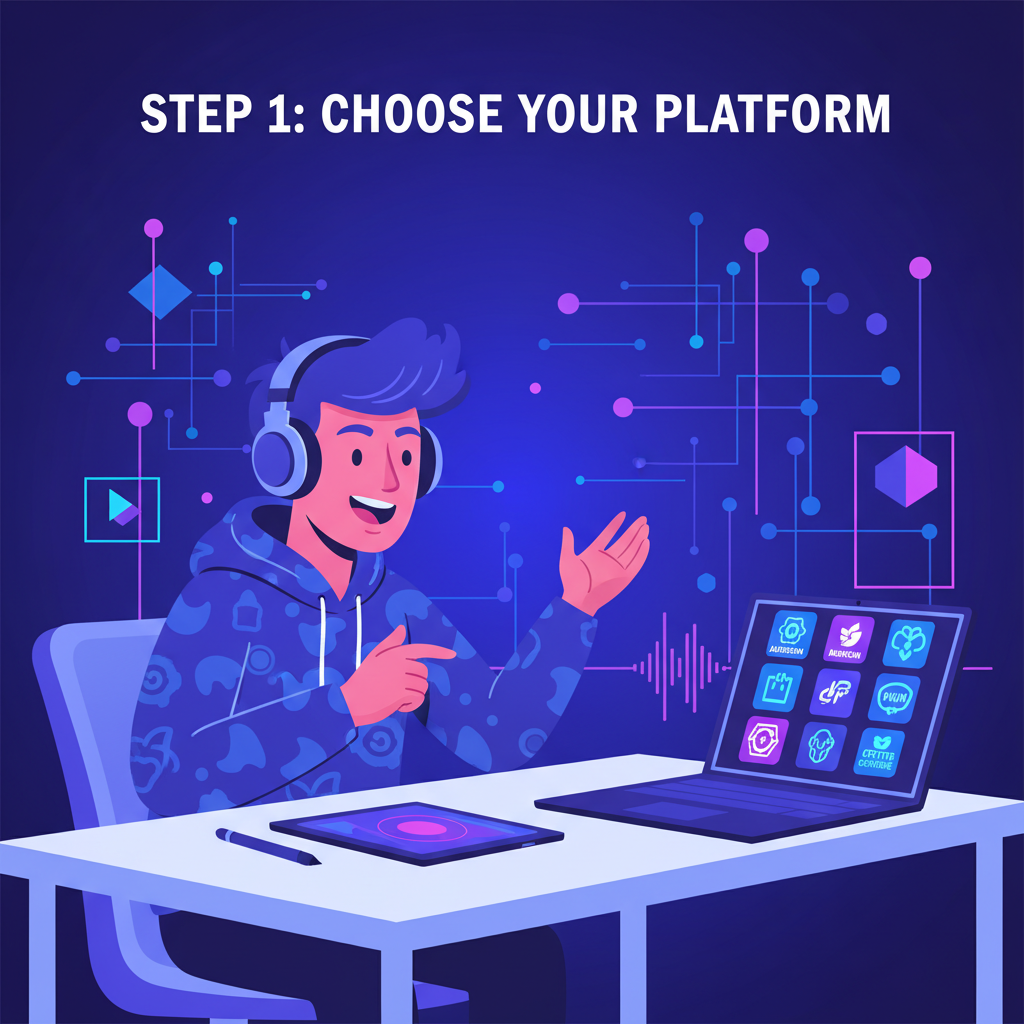 energetic artist selecting blockchain music platforms on laptop, neon blockchain vibes