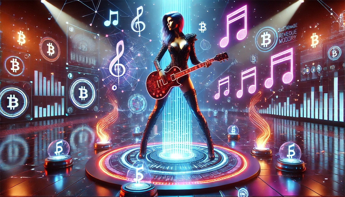 Blockchain tokens symbolizing fractional ownership in popular music royalties, with digital song icons and tokenized shares visually represented.