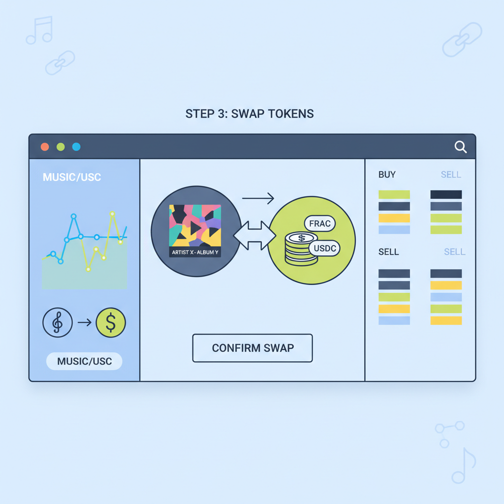 trading fractional music royalty tokens on DEX, dynamic charts swapping assets with music album covers
