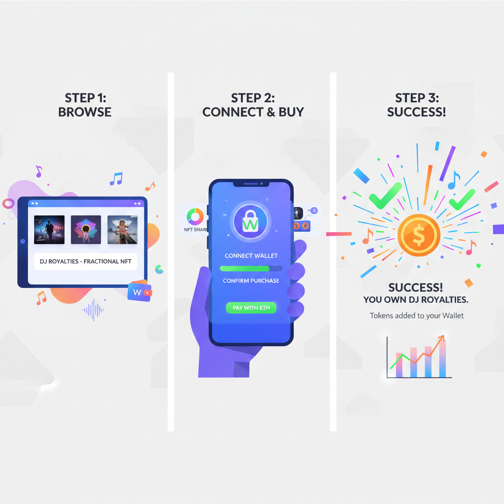 buying fractional NFT token for DJ royalties with crypto wallet popup, success animation, vibrant digital art