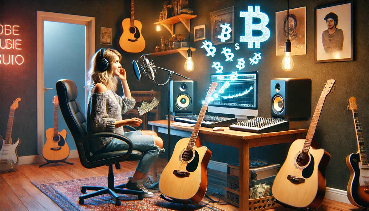 Indie musician in a home studio launching a blockchain-based crowdfunding campaign for music royalties in 2024