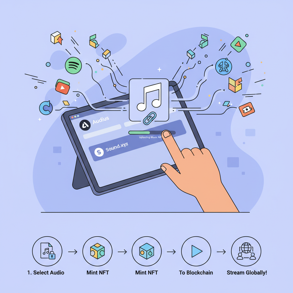 uploading music NFT to Audius/Sound.xyz dashboard, sound waves on blockchain, streaming icons exploding