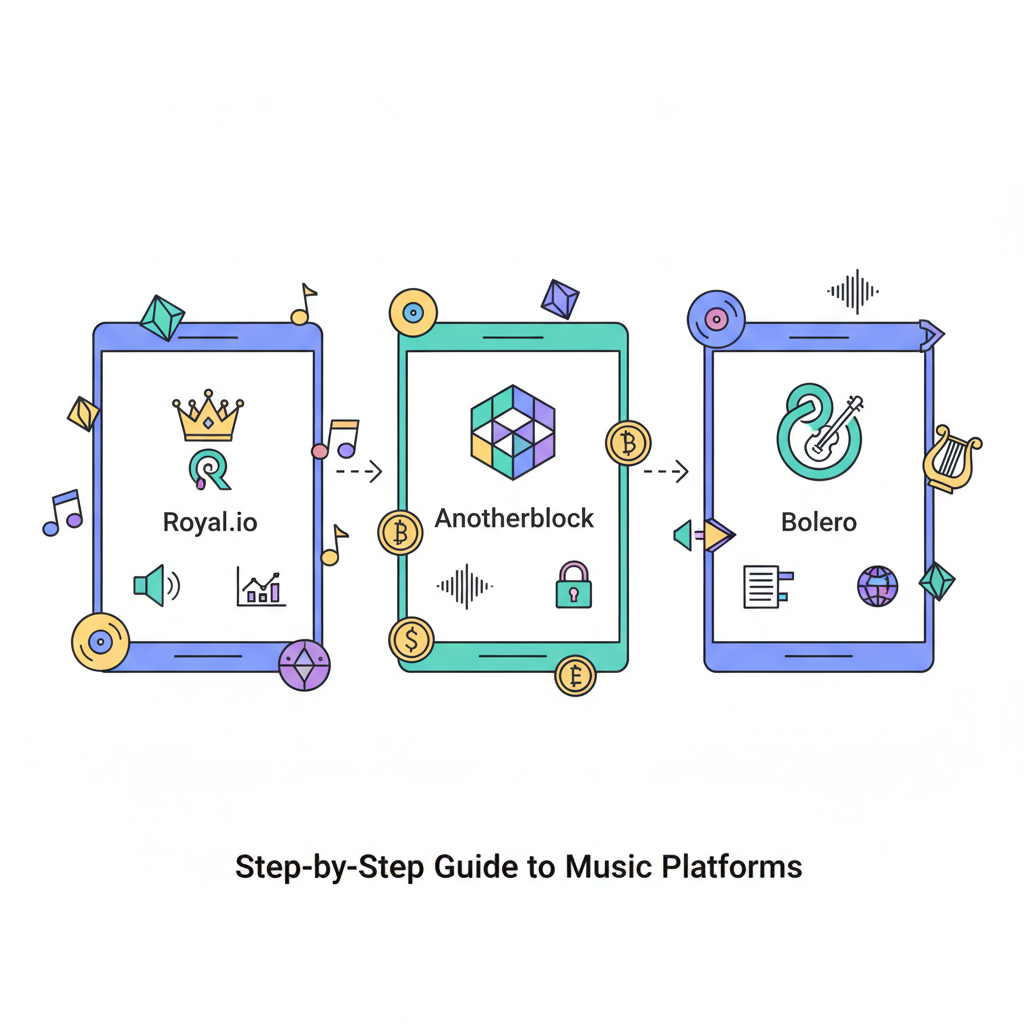 comparison of Royal.io Anotherblock Bolero platforms on screens, music notes and NFT icons floating