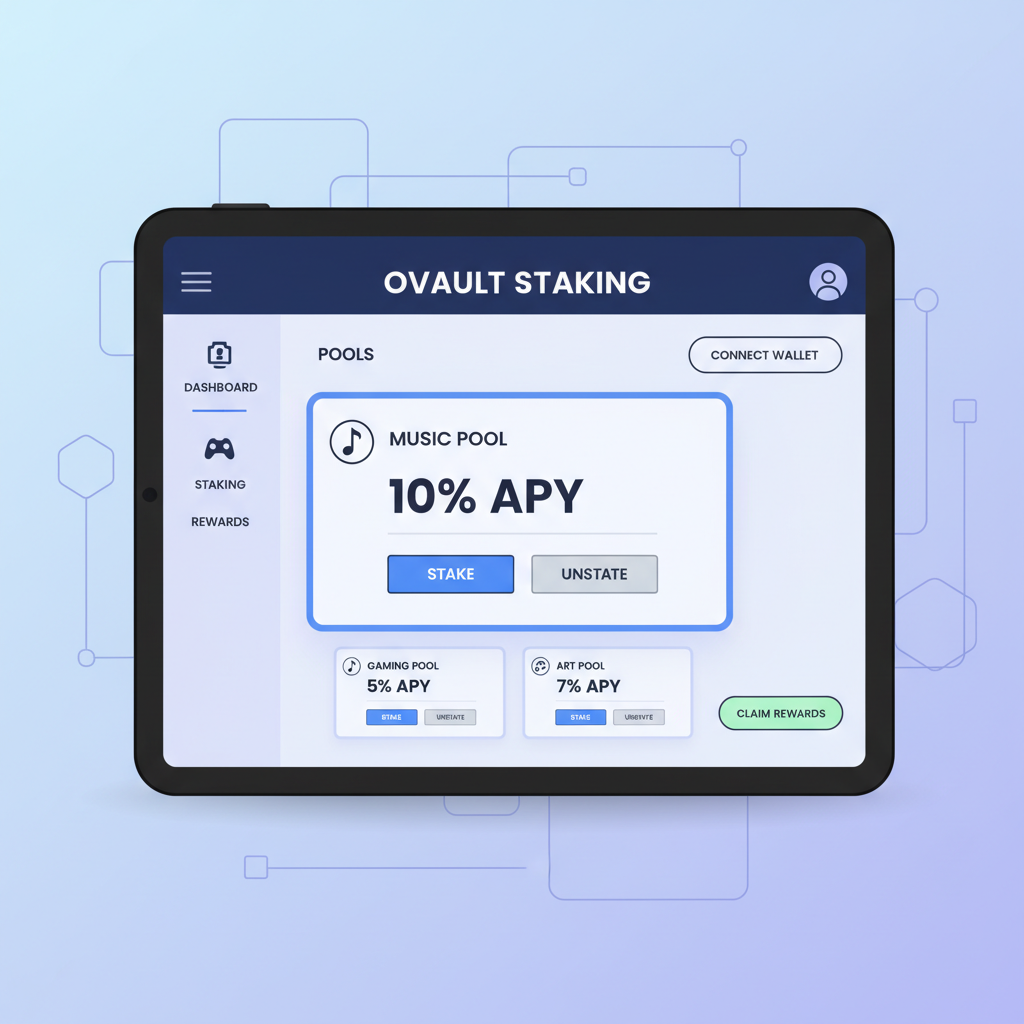 OVAULT staking interface displaying 10% APY music pool