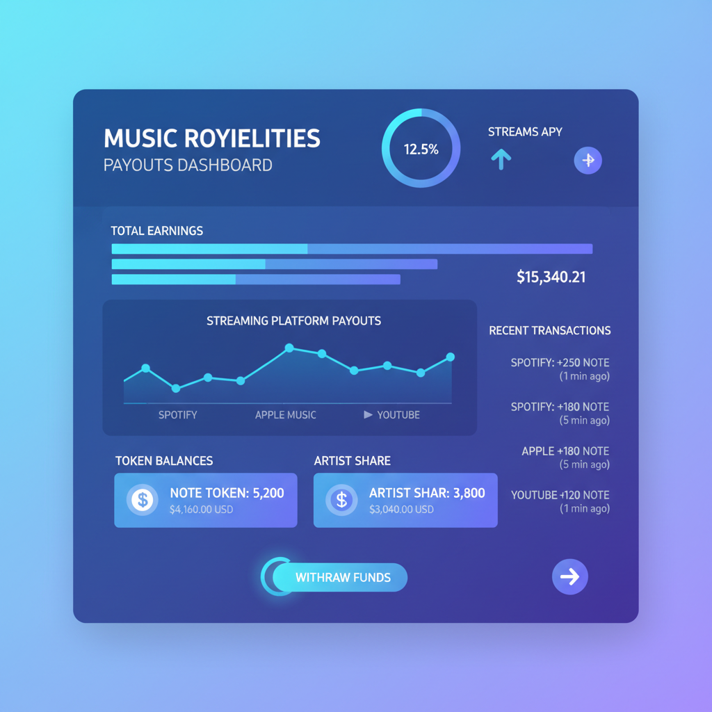 interactive dashboard tracking music royalty payouts, charts of streams APY and token balances with futuristic UI