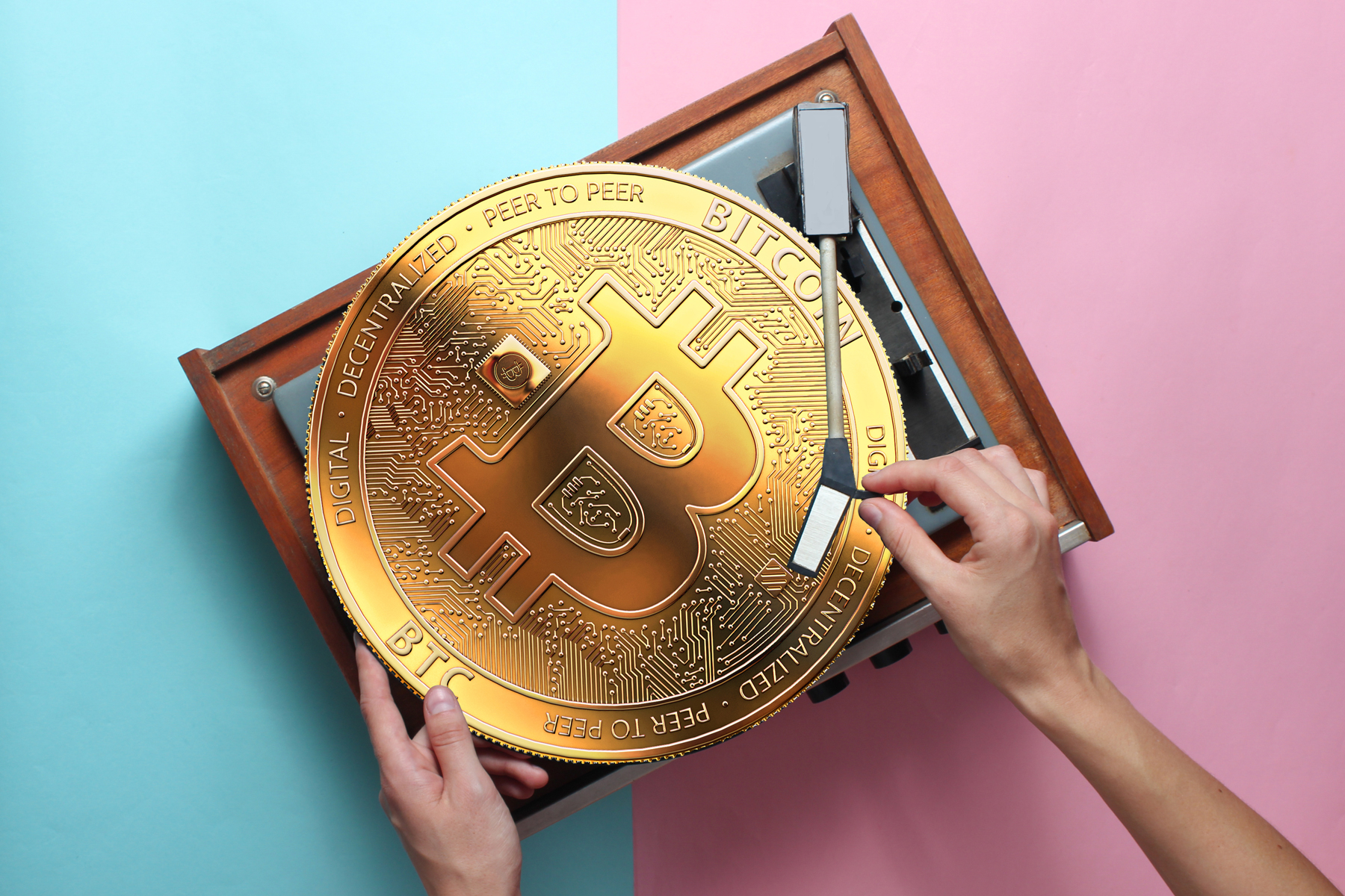 Digital wallet displaying music royalty tokens with album art from major artists, representing tokenized music investments on blockchain.