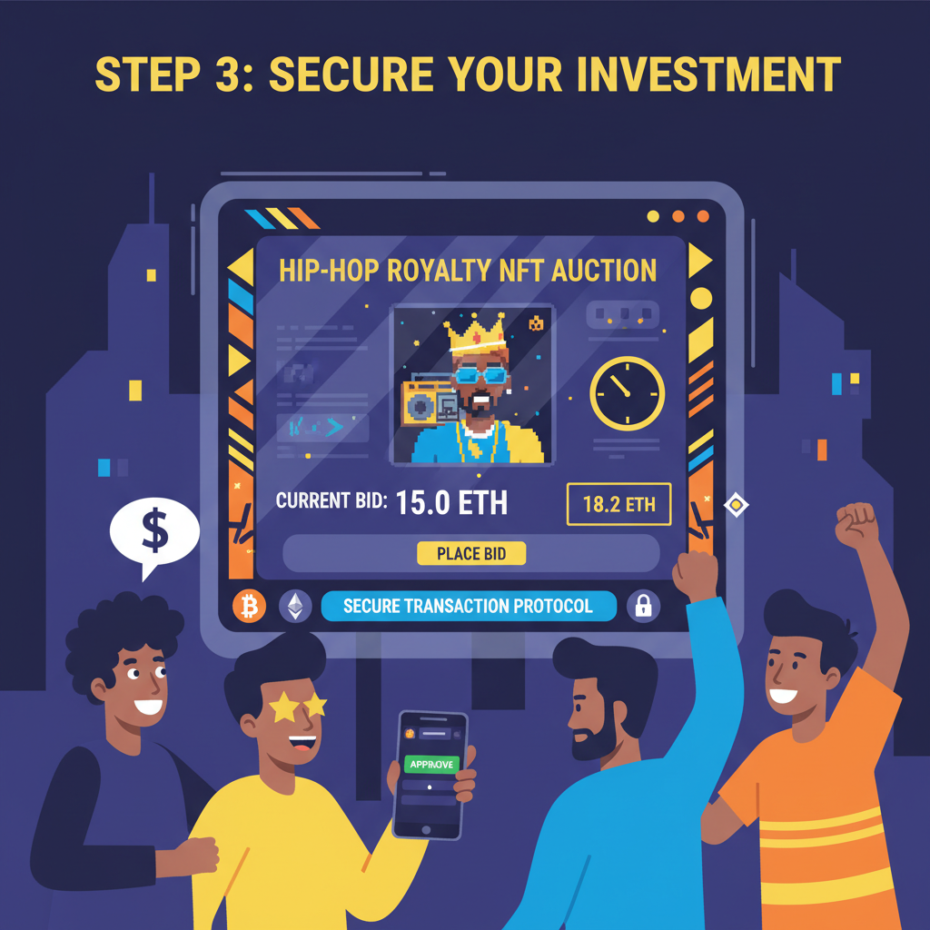 user bidding on hip-hop royalty NFT auction screen, crypto transaction elements, excited investor vibe, dynamic hip-hop graphics