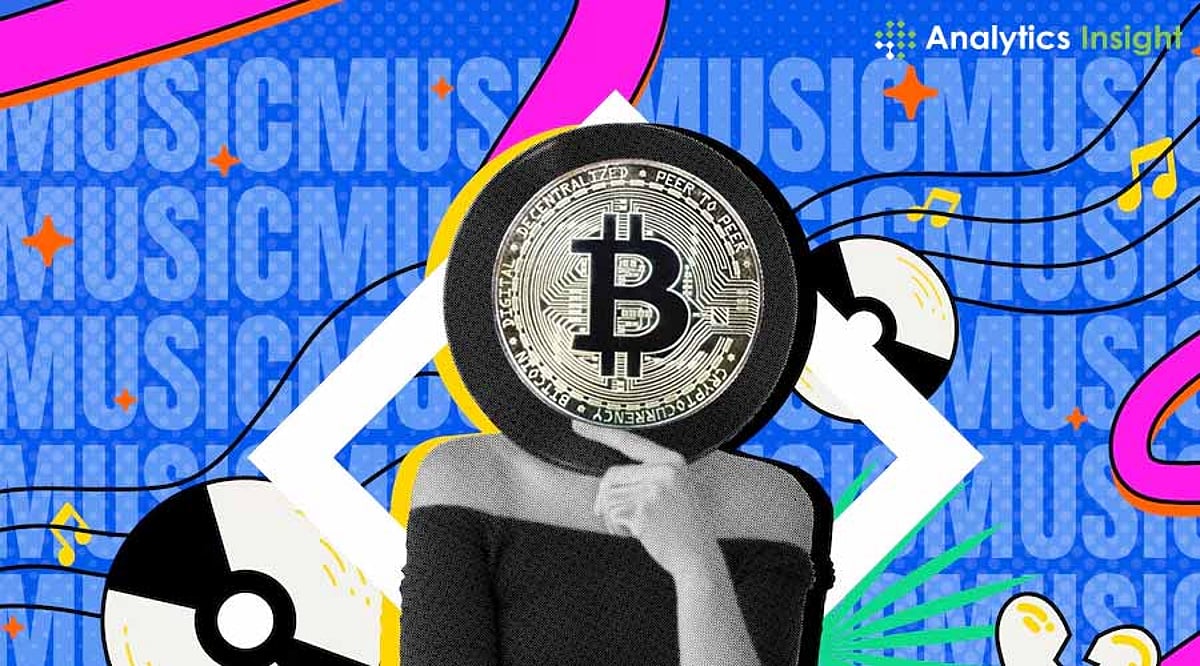 Conceptual illustration of a musician receiving instant NFT royalty payments via blockchain smart contracts, representing on-chain music ownership and automated creator compensation.