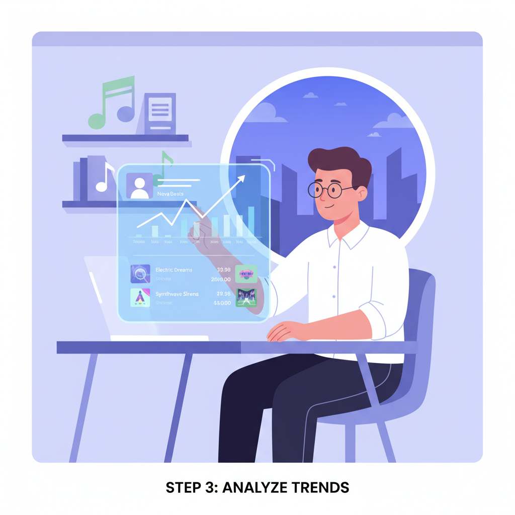analyst reviewing music streaming charts and artist data on holographic display