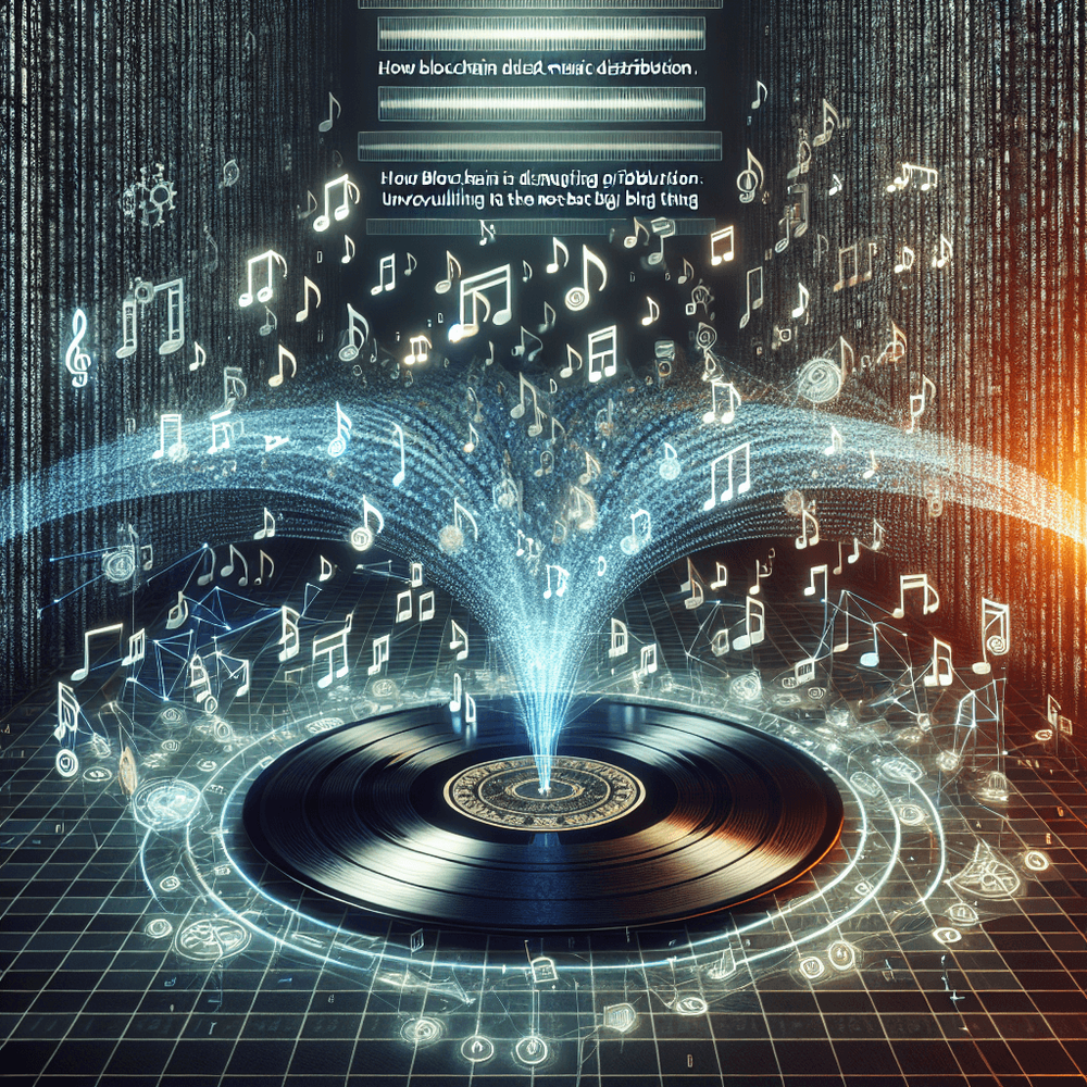 Digital illustration of blockchain nodes interconnected with musical notes and NFT icons, representing music royalty investments through blockchain technology.