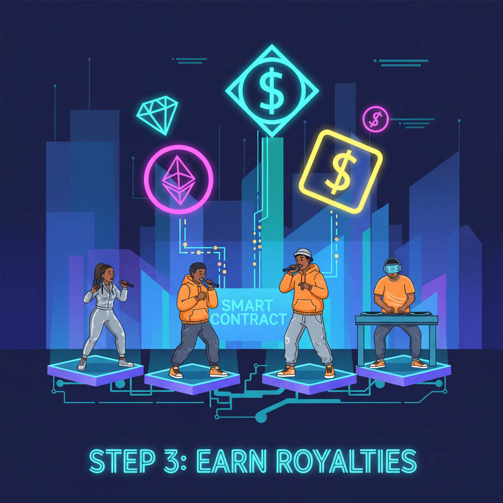 diverse hip-hop artists on stage with glowing blockchain tokens representing royalties, futuristic neon vibe