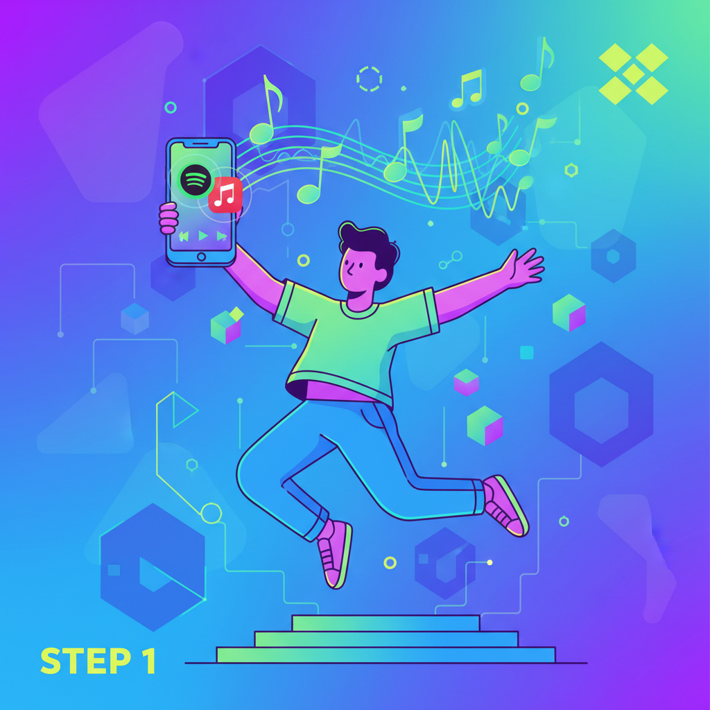 energetic person streaming music on smartphone, Spotify Apple Music icons, musical notes flying, vibrant neon colors, Solana blockchain vibe