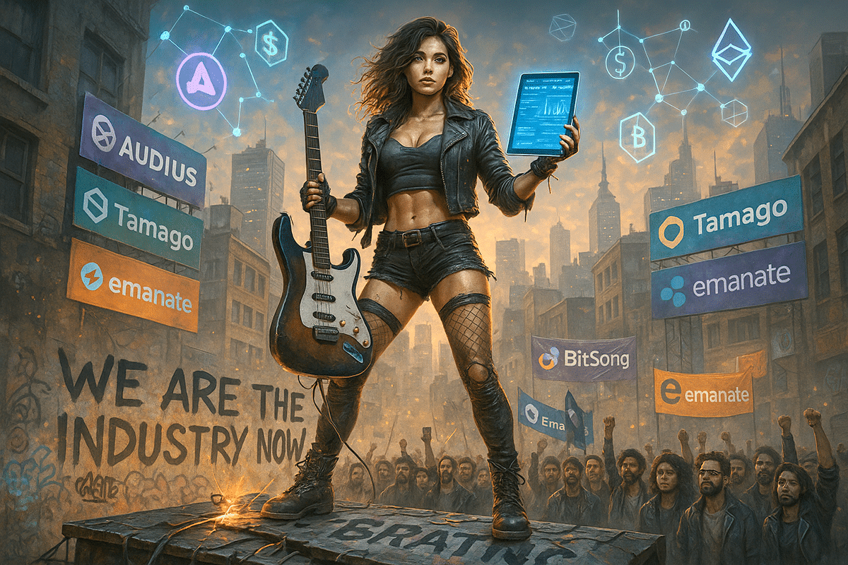 Indie artist performing live at a Web3 music event powered by blockchain technology, representing the TRAX platform's empowerment of independent musicians