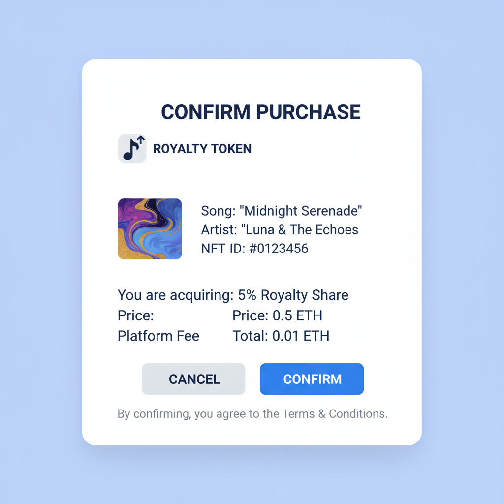 buying music NFT royalty token confirmation screen