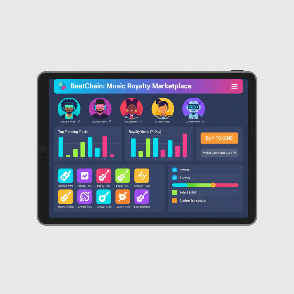 browsing NFT marketplace for DJ music royalty tokens, colorful thumbnails of DJs and charts, blockchain interface