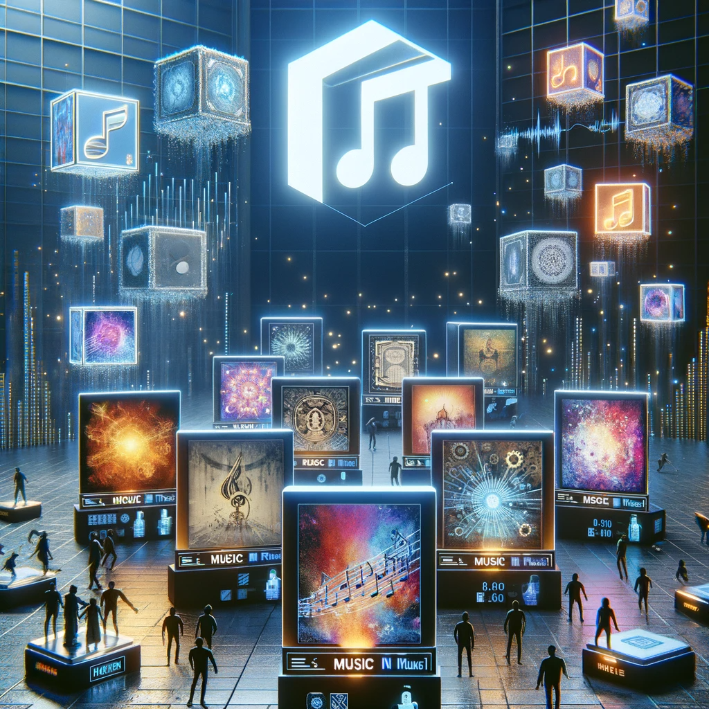 Illustration of blockchain-based fractional ownership of music royalties, showing digital tokens and smart contracts connecting artists and fans in 2025