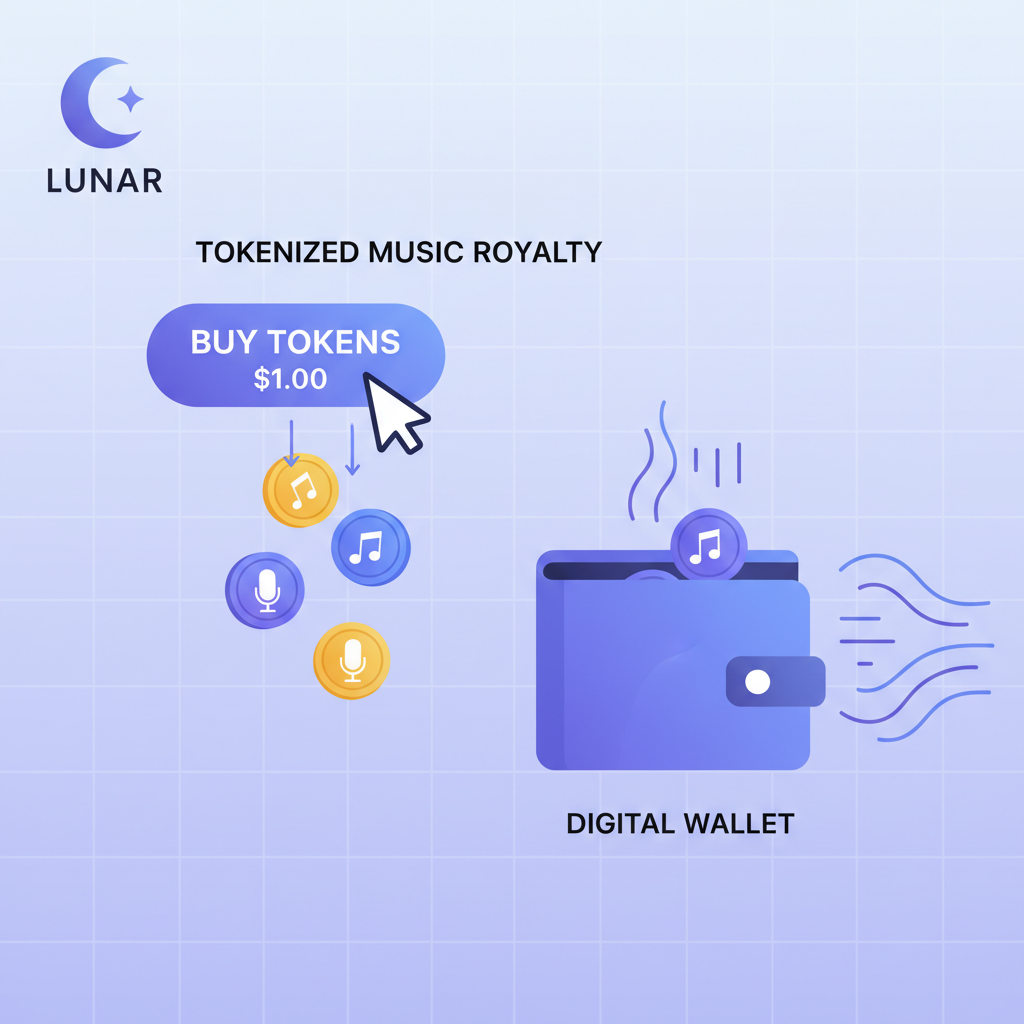 buying tokenized music royalty tokens at $1.00 on Lunar platform, coin icons dropping into wallet with streaming waves