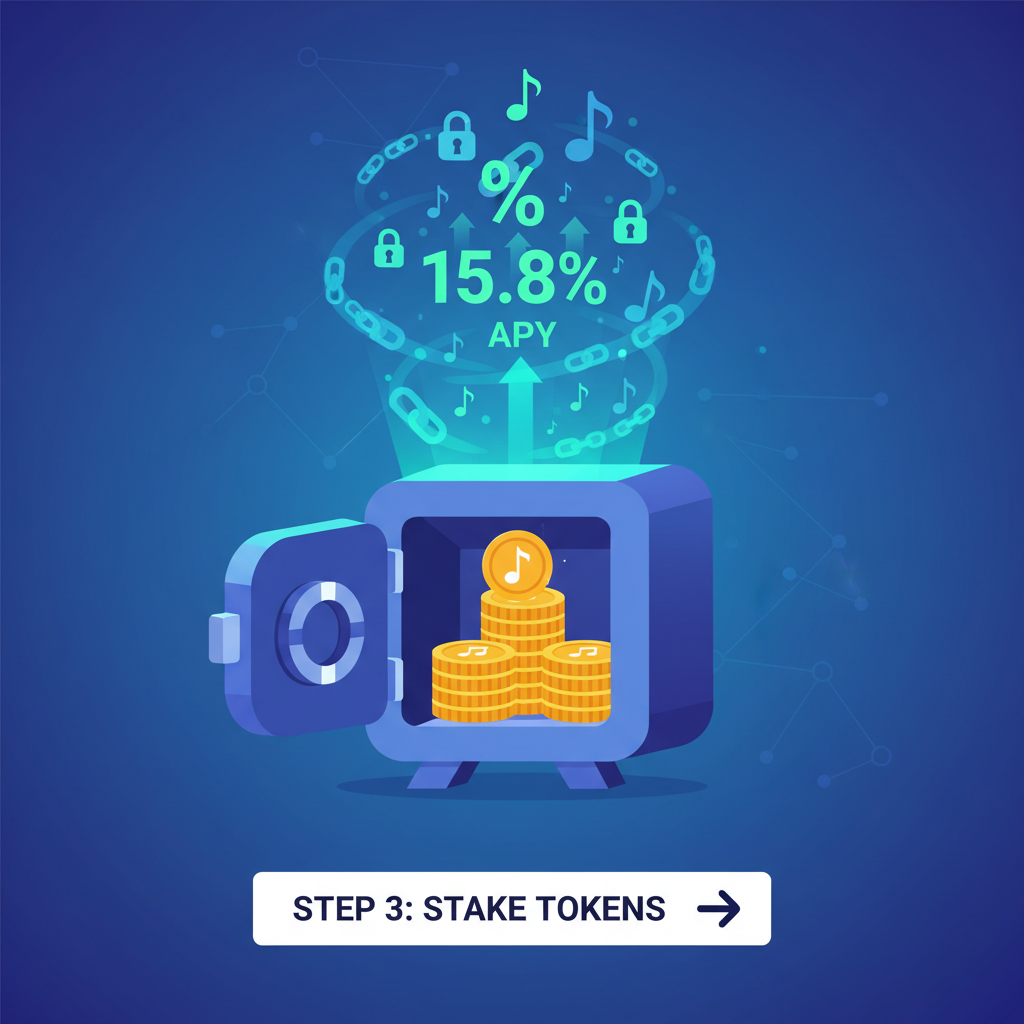 staking music royalty tokens in vault, glowing APY percentage rising with music notes and blockchain locks